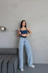 Mavi Yüksek Bel Şerit Detaylı Yıkamalı Baggy Jeans Pantolon BCNW-251407