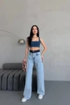 Mavi Yüksek Bel Şerit Detaylı Yıkamalı Baggy Jeans Pantolon BCNW-251407