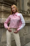 Pembe Özel Tasarım Yaka Kol Düğmeli Çizgi Garnili Crop Boy Bluz Gömlek