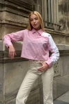 Pembe Özel Tasarım Yaka Kol Düğmeli Çizgi Garnili Crop Boy Bluz Gömlek