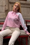 Pembe Özel Tasarım Yaka Kol Düğmeli Çizgi Garnili Crop Boy Bluz Gömlek