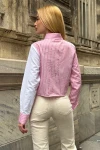 Pembe Özel Tasarım Yaka Kol Düğmeli Çizgi Garnili Crop Boy Bluz Gömlek