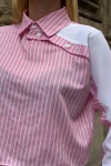 Pembe Özel Tasarım Yaka Kol Düğmeli Çizgi Garnili Crop Boy Bluz Gömlek