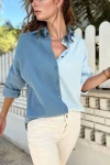 Açık Mavi Müslin Color Block Salaş Gömlek BCBSK-25700-3458