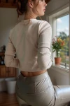 Bej Fermuarlı Kaşkorse Likralı Crop Bluz BCBSK-25700-3323