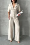 Bej Yarım Kol Beli Korse Görünümlü Bol Kesim Dokuma Tulum BCHN-25255059