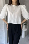 Beyaz Karpuz Kol Sırtı Fiyonk Detaylı Poplin Bluz BCDF-252195