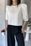 Beyaz Karpuz Kol Sırtı Fiyonk Detaylı Poplin Bluz BCDF-252195