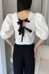 Beyaz Karpuz Kol Sırtı Fiyonk Detaylı Poplin Bluz BCDF-252195