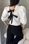 Beyaz Karpuz Kol Sırtı Fiyonk Detaylı Poplin Bluz BCDF-252195