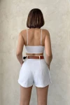 Beyaz Pileli Dokuma Gabardin Şort Etek (Kemer Hediyeli) BCHN-25252001