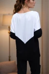 Beyaz Siyah V Yaka Color Block Yumuşak Dokulu Salaş Bluz BCBSK-25700-3167
