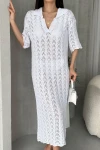 Beyaz V Yaka Delik İşi Örme Triko Elbise BCDF-25A3001