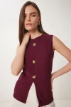 Bordo Dore Düğmeli Fitilli Örme Bluz BCDF-2540000