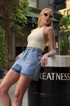 Buz Mavisi Çift Cepli Pileli Mini Denim Şort BCDF-233302