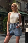 Buz Mavisi Çift Cepli Pileli Mini Denim Şort BCDF-233302