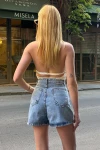 Buz Mavisi Çift Cepli Pileli Mini Denim Şort BCDF-233302