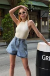 Buz Mavisi Çift Cepli Pileli Mini Denim Şort BCDF-233302