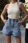 Buz Mavisi Çift Cepli Pileli Mini Denim Şort BCDF-233302