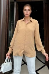 Camel Kendinden Desenli Oversize Uzun Kollu Gömlek BCBSK-25700-3554