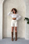 Ekru Gabardin Kemerli Şort BCHN-2525735