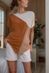 Kahve Airobin Color Block Omzu Yırtmaçlı Fermuar Detaylı Bluz BCBSK-25700-3139