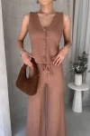Kahverengi V Yaka Düğmeli Yelek Ve Pantolon Takım BCDF-252190-1