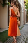 Kiremit Hasır Askılı Kruvaze Color Block Airobin Elbise BCBSK-25700-2922