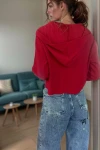 Kırmızı Kendinden Dokulu Fermuarlı Kapüşonlu Crop Sweatshirt BCBSK-25700-3322