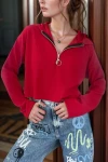 Kırmızı Kendinden Dokulu Fermuarlı Kapüşonlu Crop Sweatshirt BCBSK-25700-3322