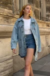 Mavi Düğmeli Çift Cep Oversize Denim Gömlek Ceket BCDF-245415