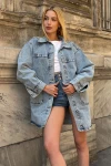 Mavi Düğmeli Çift Cep Oversize Denim Gömlek Ceket BCDF-245415