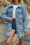 Mavi Düğmeli Çift Cep Oversize Denim Gömlek Ceket BCDF-245415