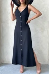 Siyah Askılı Yırtmaç Detaylı Maxi Boy Dokuma Gömlek Elbise BCHN-25255044
