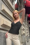 Siyah İp Askılı Kruvaze Yaka Bluz BCDF-252191