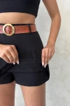 Siyah Pileli Dokuma Gabardin Şort Etek (Kemer Hediyeli) BCHN-25252001