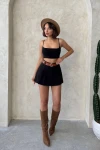 Siyah Pileli Dokuma Gabardin Şort Etek (Kemer Hediyeli) BCHN-25252001