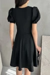 Siyah V Yaka Kolları Lastikli Düğme Detaylı Midi Boy Kloş Elbise BCDF-252194
