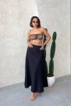 Siyah Yüksek Bel Beli Lastikli Midi Boy Etek BCHN-25255043