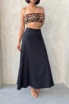 Siyah Yüksek Bel Beli Lastikli Midi Boy Etek BCHN-25255043