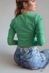 Yeşil Fermuarlı Kaşkorse Likralı Crop Bluz BCBSK-25700-3323