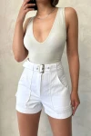 Beyaz Kendinden Kemerli Cepli Gabardin Yazlık Şort BCHN-2525289