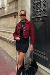 Bordo Çift Cep Denim Crop Ceket BCDF-255419