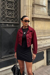 Bordo Çift Cep Denim Crop Ceket BCDF-255419