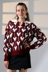 Bordo Polo Yaka Kalp Desenli Triko Kazak BCES-252026