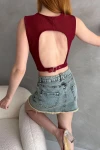 Bordo Sırtı Kemer Detaylı Kaşkorse Crop Bluz BCDF-252207