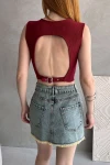 Bordo Sırtı Kemer Detaylı Kaşkorse Crop Bluz BCDF-252207