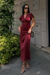 Bordo V Yaka Göğüs Drapeli Saten Elbise BCDF-252217