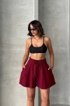 Bordo Volanlı Rahat Kalıp Beli Lastikli Keten Şort BCHN-25255058