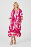 Fuşya Batik Desenli V Yaka Eteği Volanlı Oversize Elbise BCVL-254023
